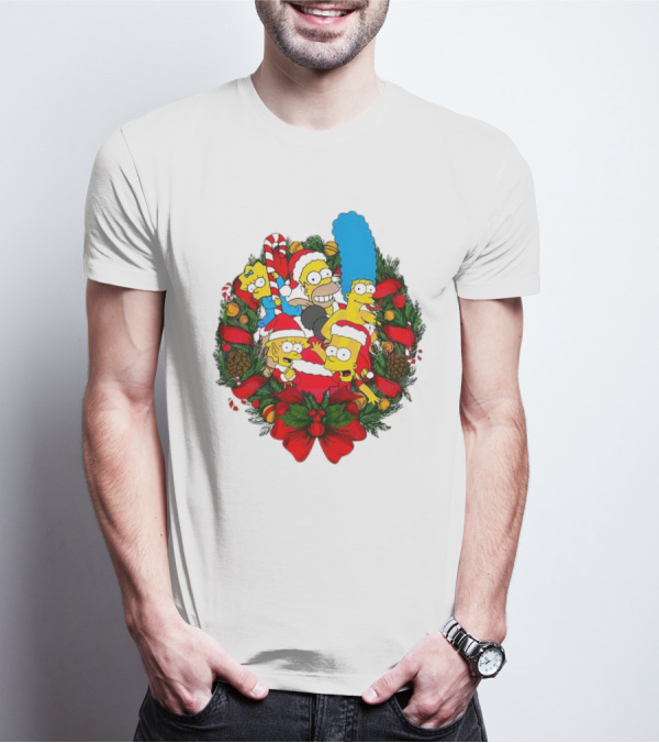 The Simpsons Holiday Wreath With Santa Hats And Candy Canes T-Shirt