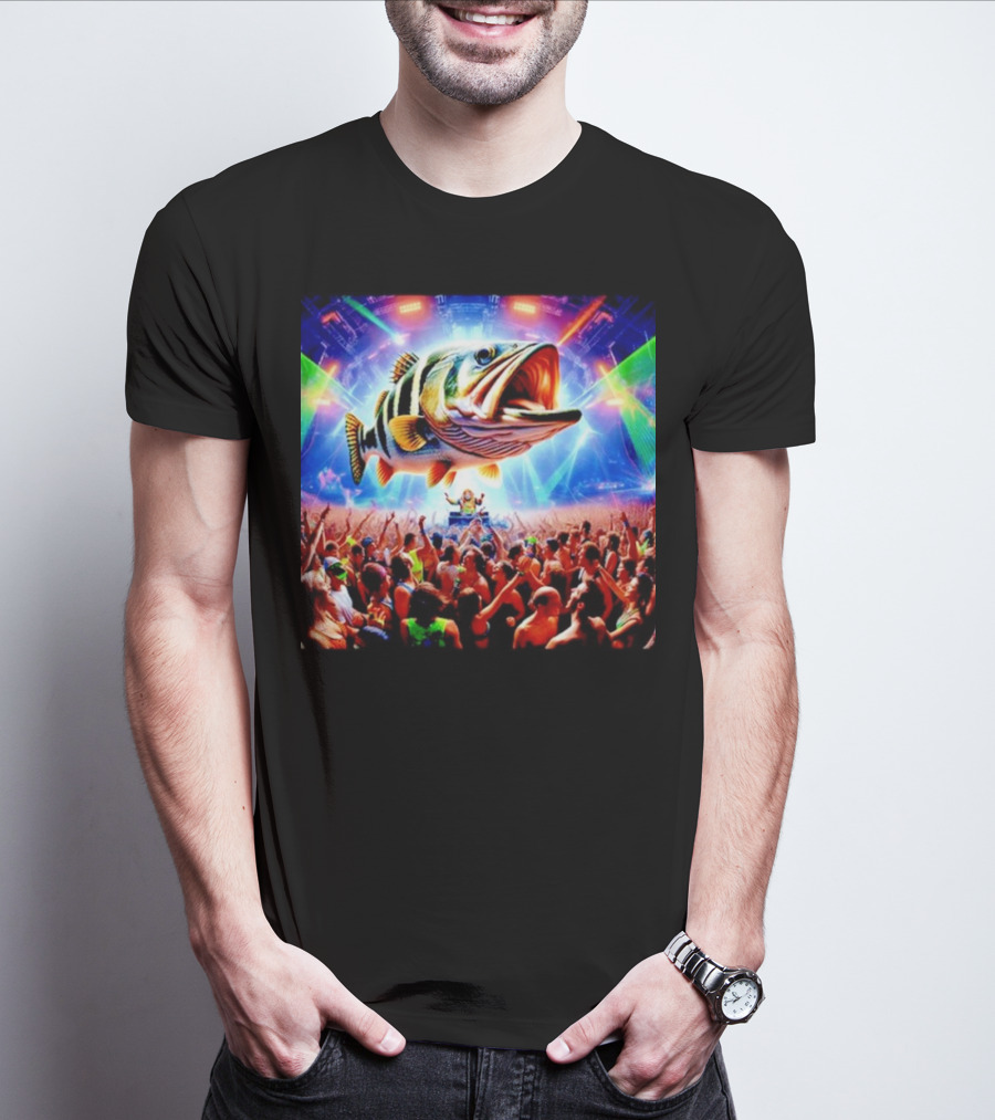 When The Bass Drops With Giant Fish Over Rave Crowd T-Shirt