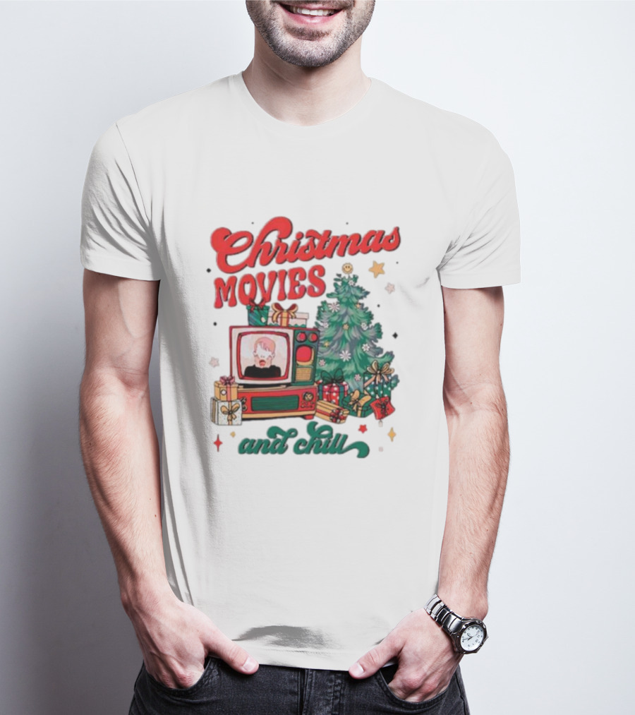 Christmas Movies And Chill Retro TV Christmas Tree Presents T-Shirt