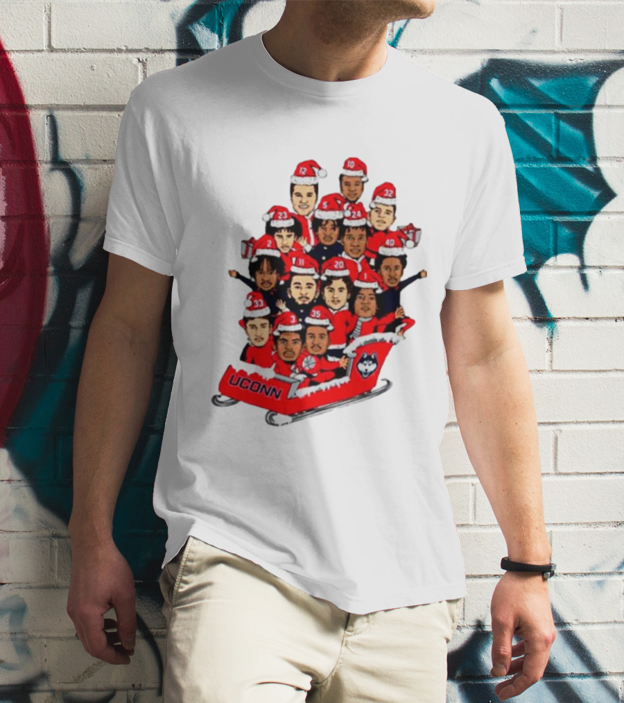 UConn Huskies Christmas Cartoon Sled Team Santa Hats T-Shirt