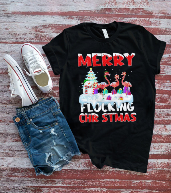 Merry Flocking Christmas Flamingo And Snowman Festive T-Shirt