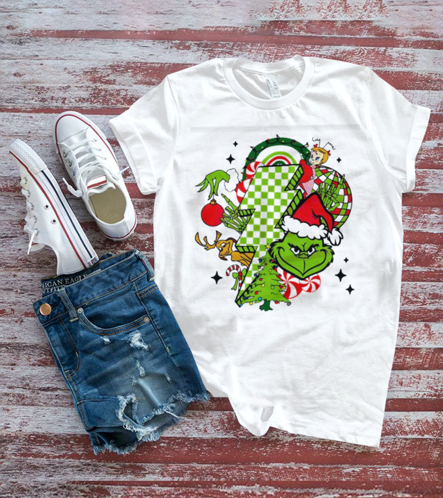 Grinch Christmas Checkered Lightning Bolt With Friends And Festive Decorations T-Shirt