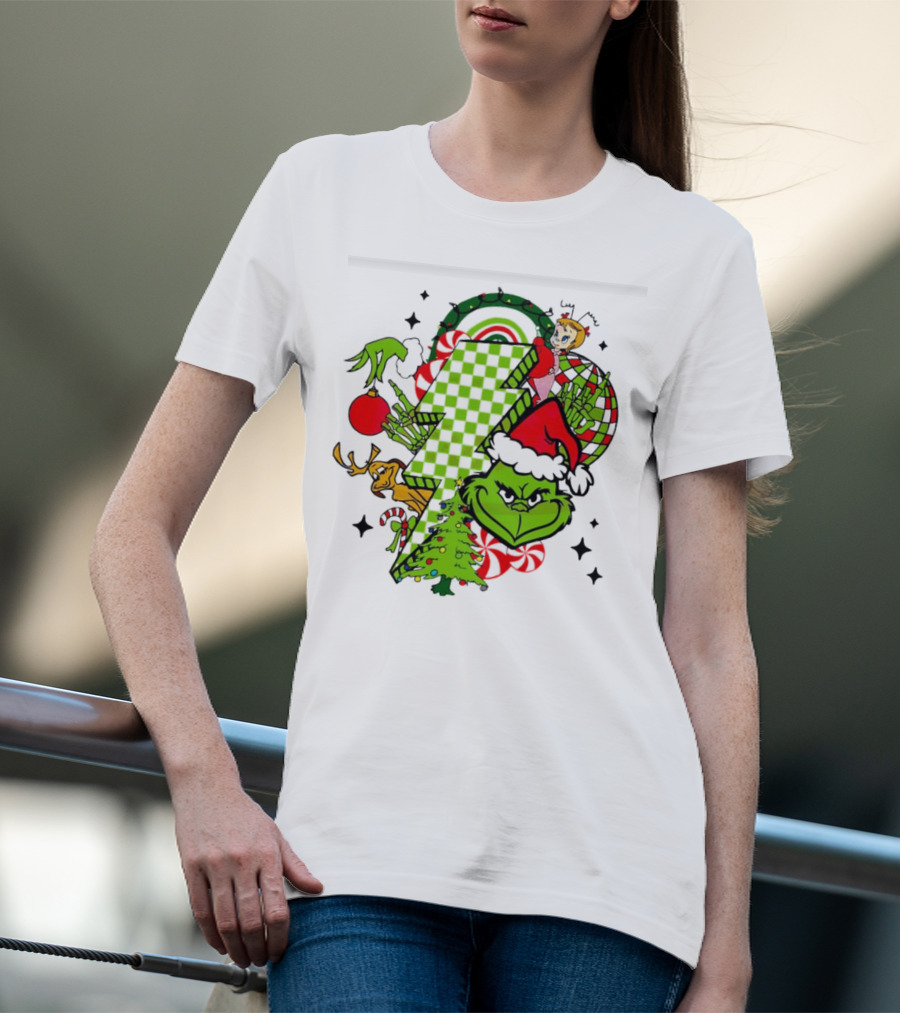 Grinch Christmas Checkered Lightning Bolt With Friends And Festive Decorations T-Shirt