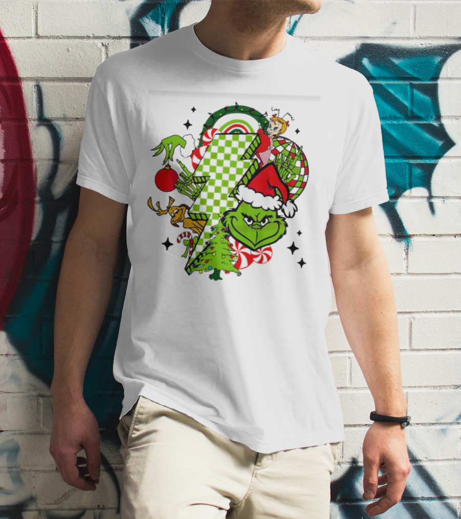 Grinch Christmas Checkered Lightning Bolt With Friends And Festive Decorations T-Shirt