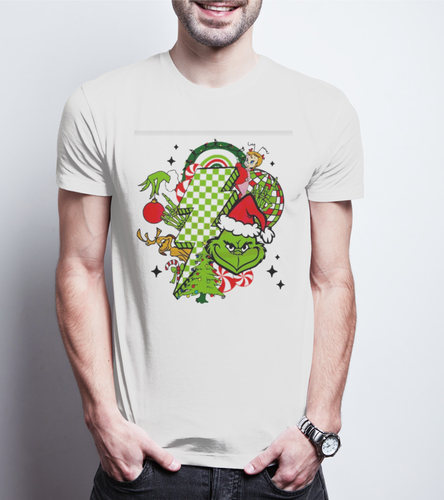 Grinch Christmas Checkered Lightning Bolt With Friends And Festive Decorations T-Shirt
