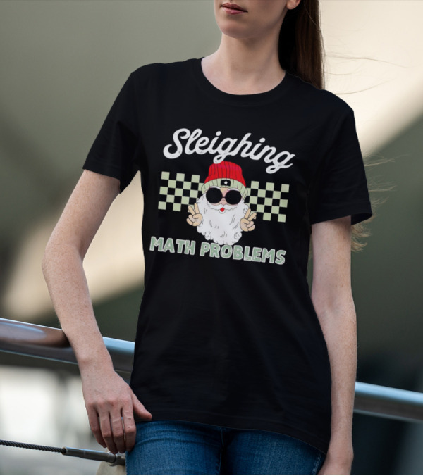 Sleighing Math Problems Santa Peace Sign Checkered Background T-Shirt