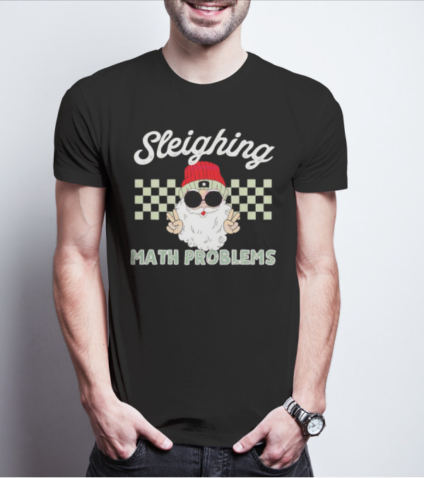 Sleighing Math Problems Santa Peace Sign Checkered Background T-Shirt