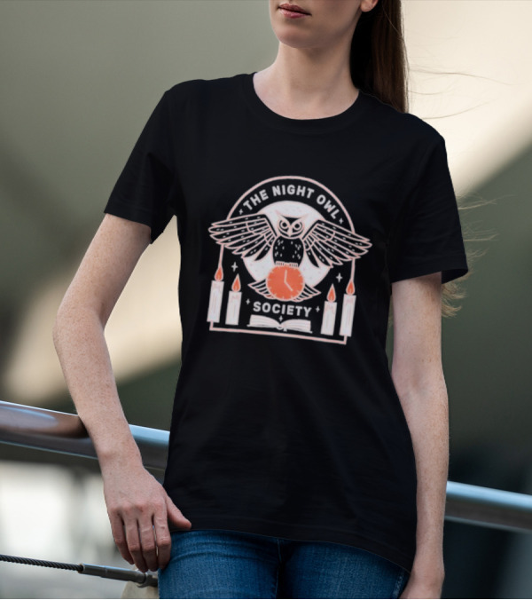 The Night Owl Society Midnight Clock With Candles And Book T-Shirt