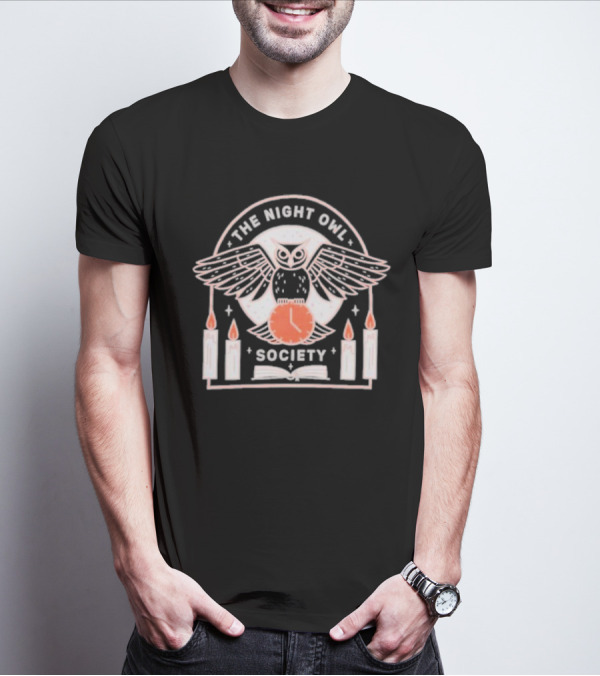 The Night Owl Society Midnight Clock With Candles And Book T-Shirt