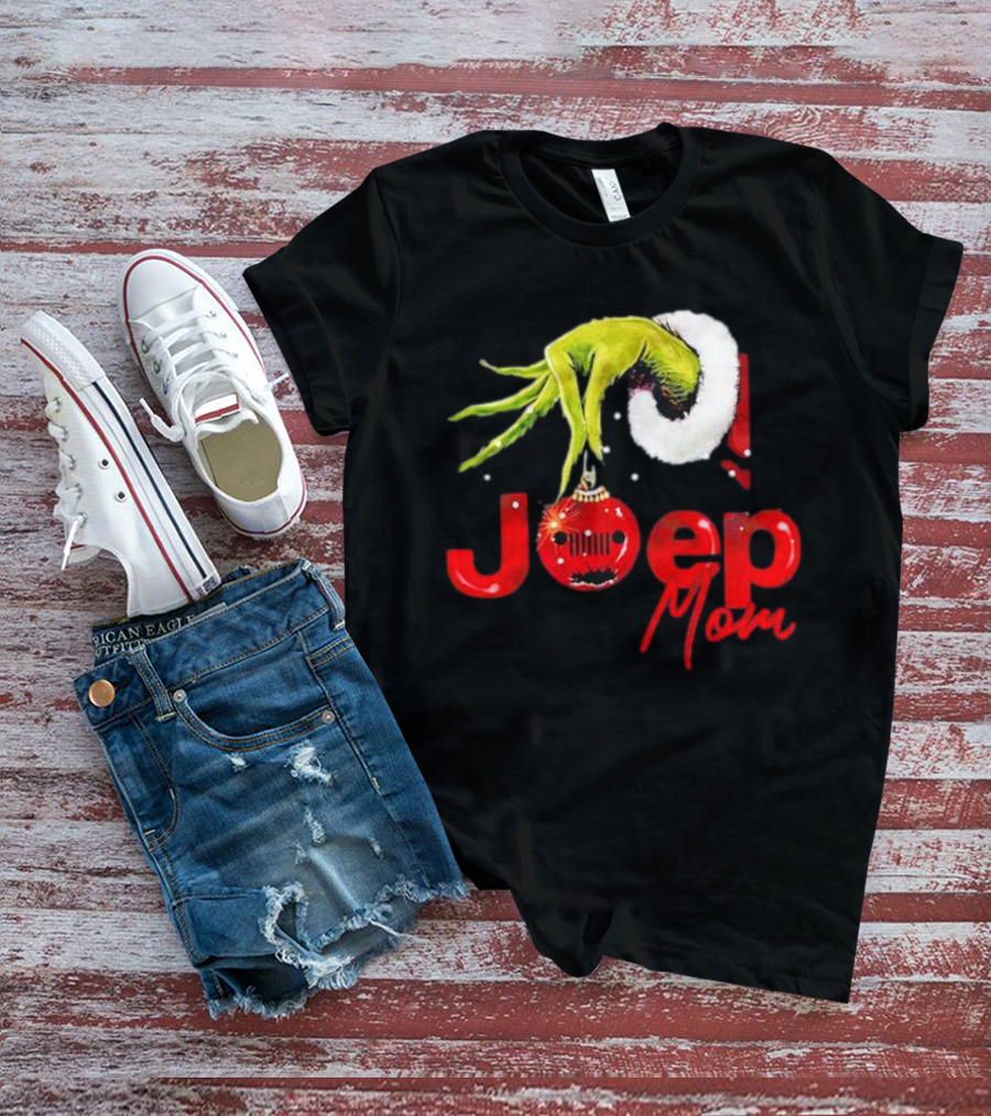 Grinch Hand With Santa Hat Holding Christmas Ornament Jeep Mom T-Shirt