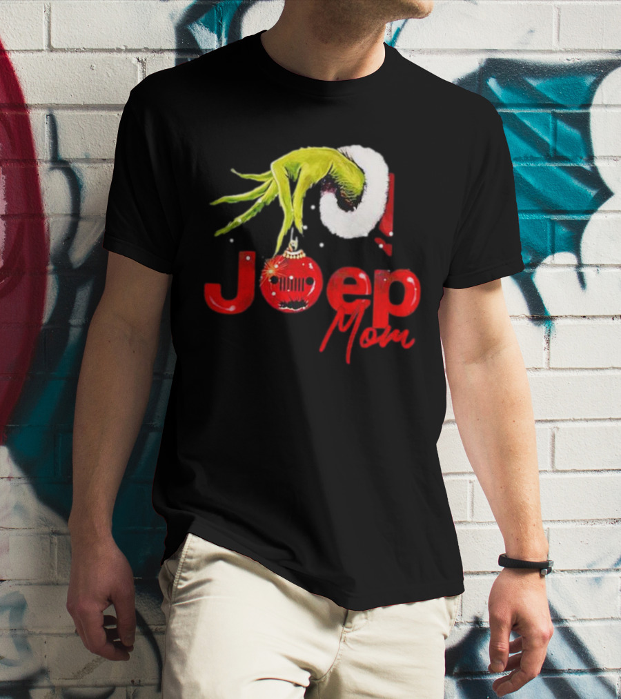Grinch Hand With Santa Hat Holding Christmas Ornament Jeep Mom T-Shirt