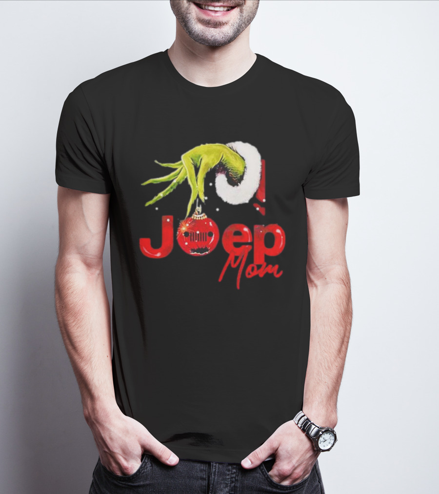 Grinch Hand With Santa Hat Holding Christmas Ornament Jeep Mom T-Shirt