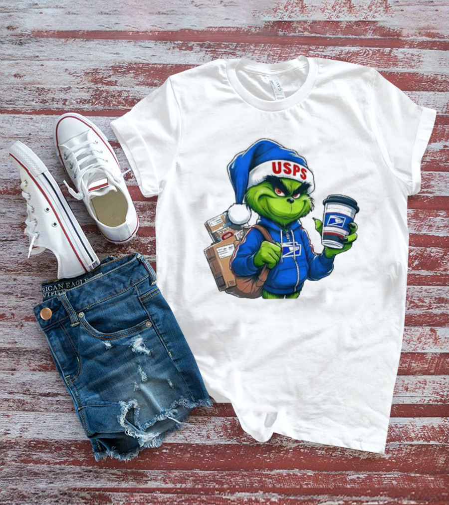 USPS Grinch Merry Christmas Delivery With Packages And Coffee T-Shirt