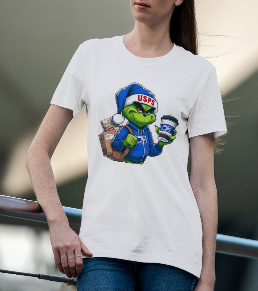 USPS Grinch Merry Christmas Delivery With Packages And Coffee T-Shirt