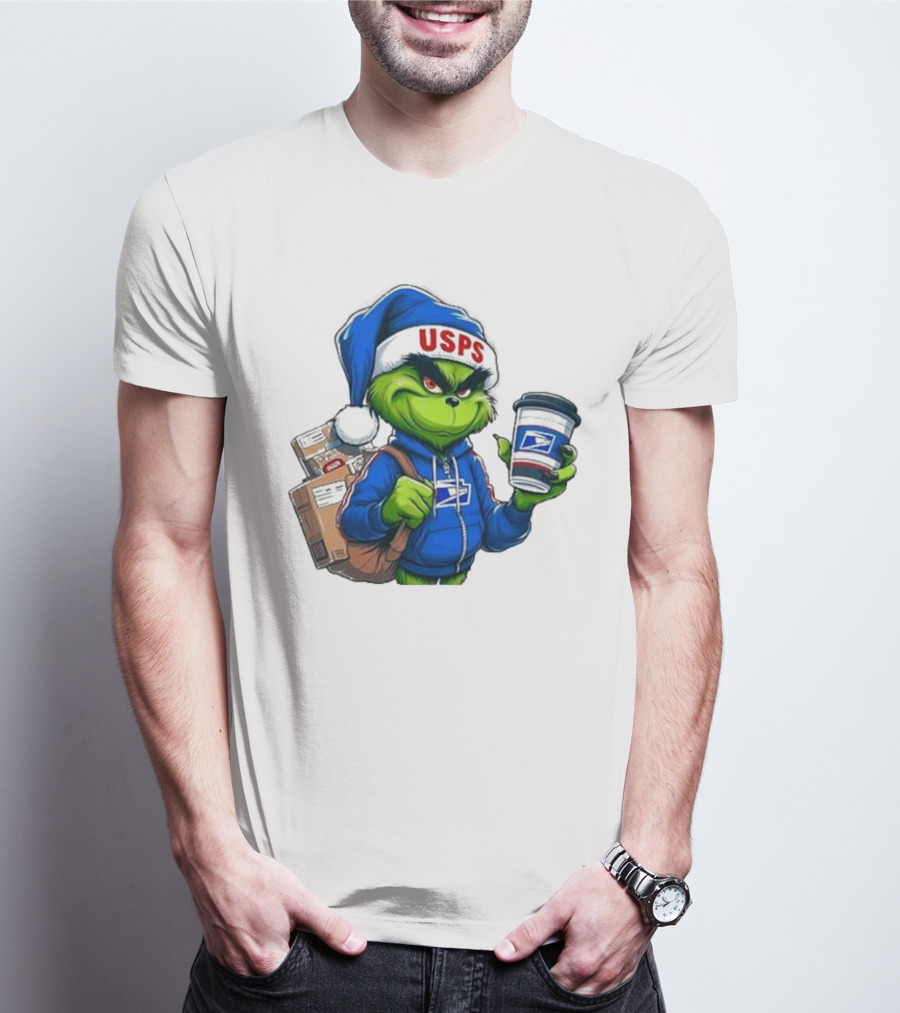 USPS Grinch Merry Christmas Delivery With Packages And Coffee T-Shirt