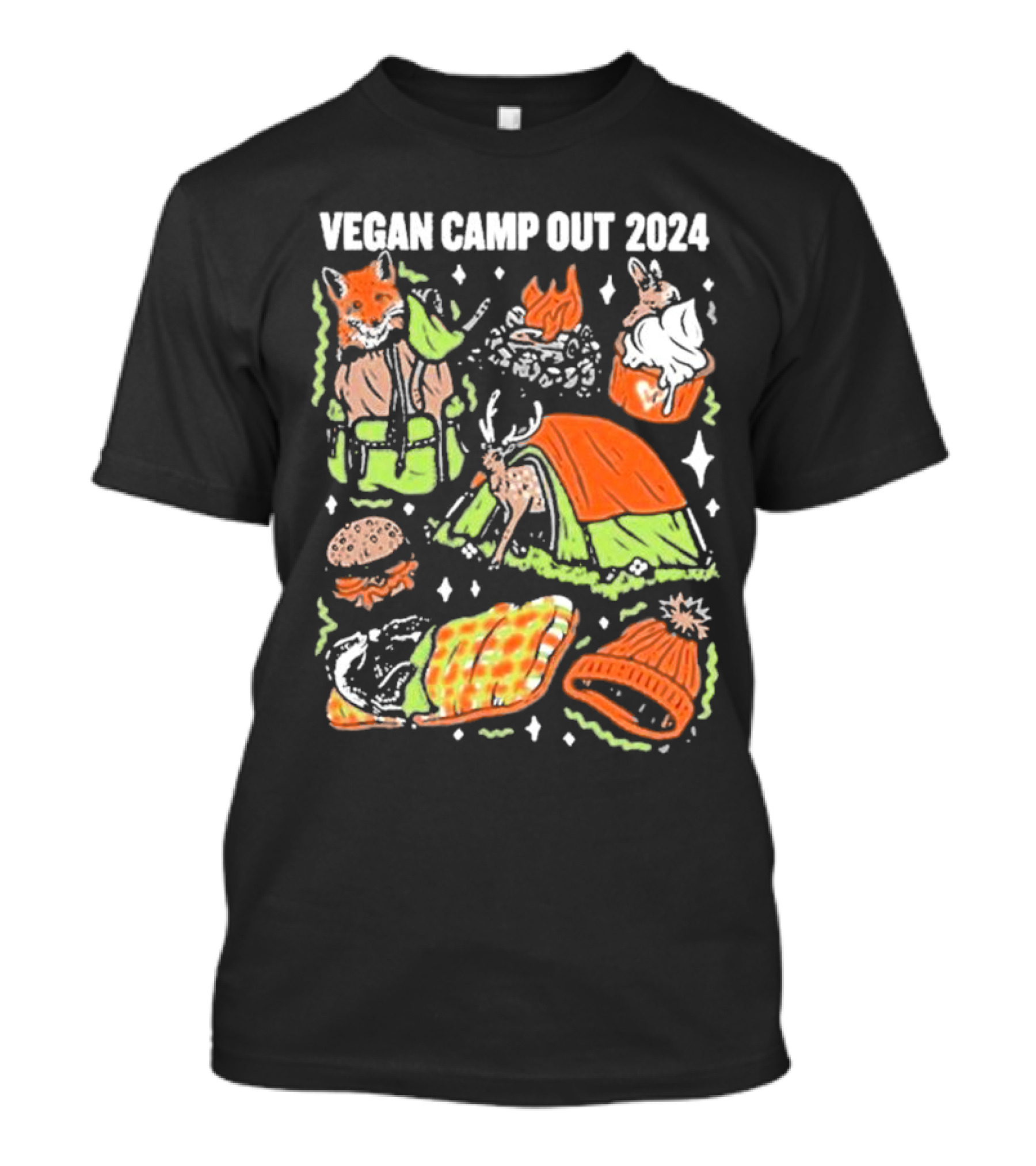 Vegan Camp Out 2024 Fox Rabbit Campfire Tent Blanket Beanie BBQ Burger T-Shirt