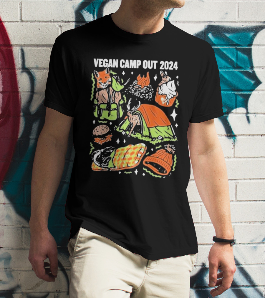 Vegan Camp Out 2024 Fox Rabbit Campfire Tent Blanket Beanie BBQ Burger T-Shirt