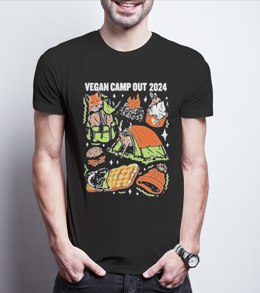 Vegan Camp Out 2024 Fox Rabbit Campfire Tent Blanket Beanie BBQ Burger T-Shirt
