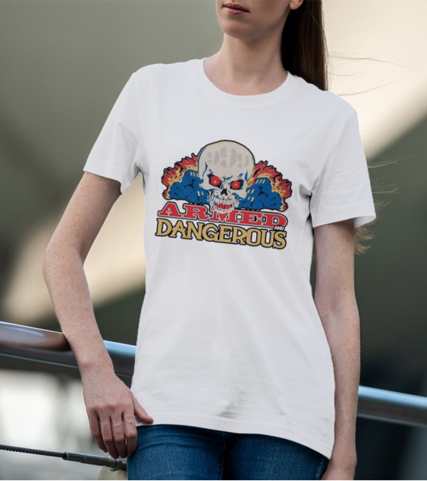 999 Club Armed And Dangerous Skull With Red Eyes And Flames T-Shirt