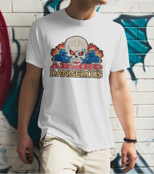 999 Club Armed And Dangerous Skull With Red Eyes And Flames T-Shirt