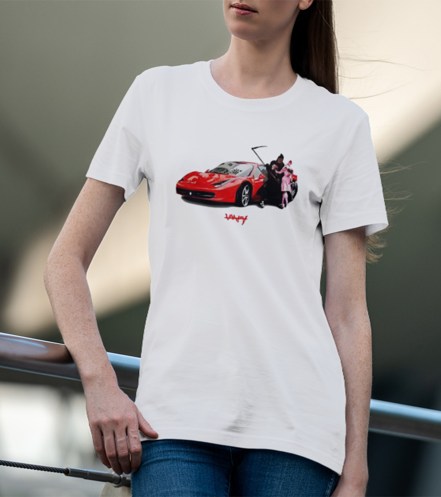 Club Scared Of Love Red Sports Car And Grim Reaper With Pink Figure T-Shirt