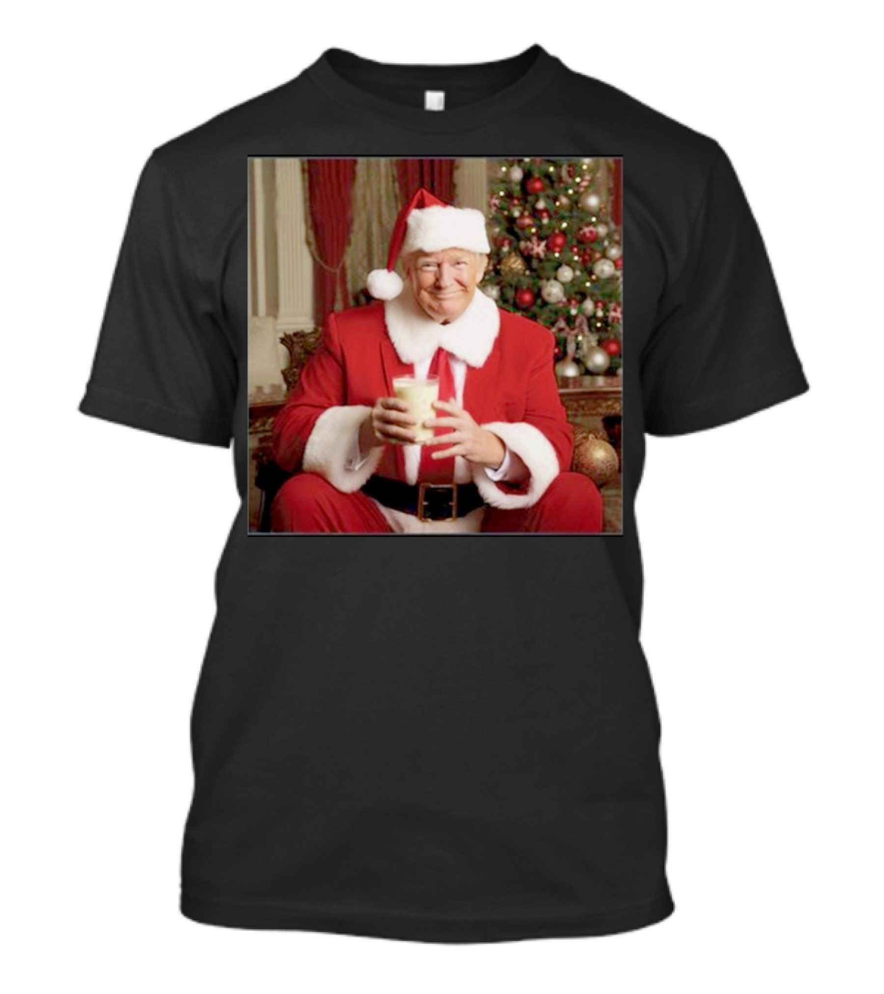Santa Donald Trump Claus Christmas Drinking Milk By Festive Tree T-Shirt