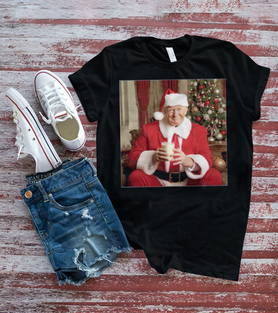 Santa Donald Trump Claus Christmas Drinking Milk By Festive Tree T-Shirt