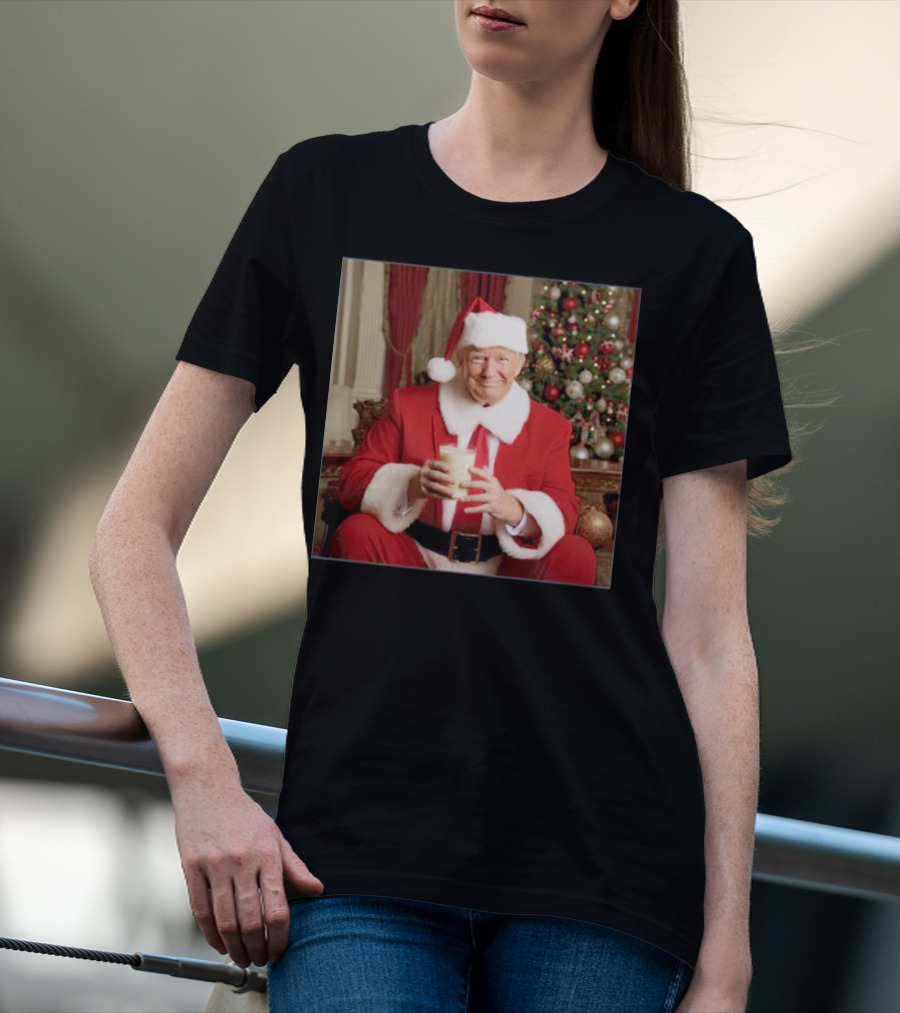 Santa Donald Trump Claus Christmas Drinking Milk By Festive Tree T-Shirt
