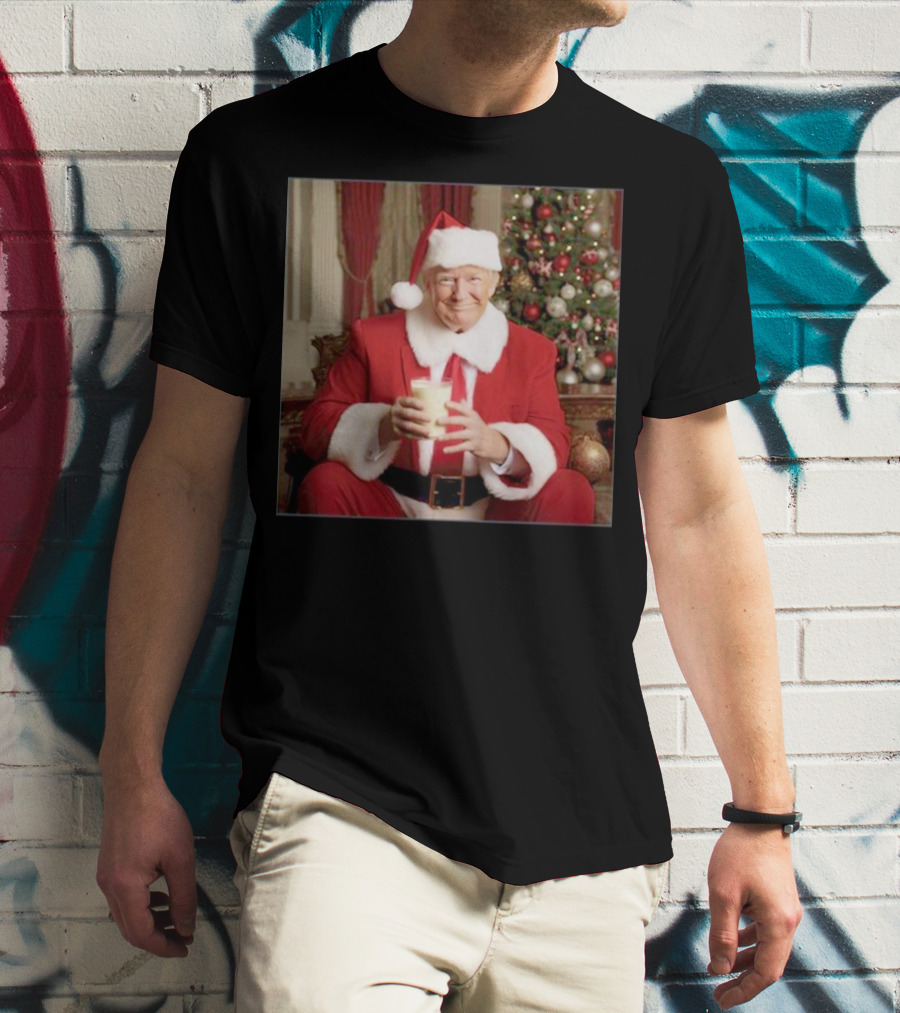 Santa Donald Trump Claus Christmas Drinking Milk By Festive Tree T-Shirt