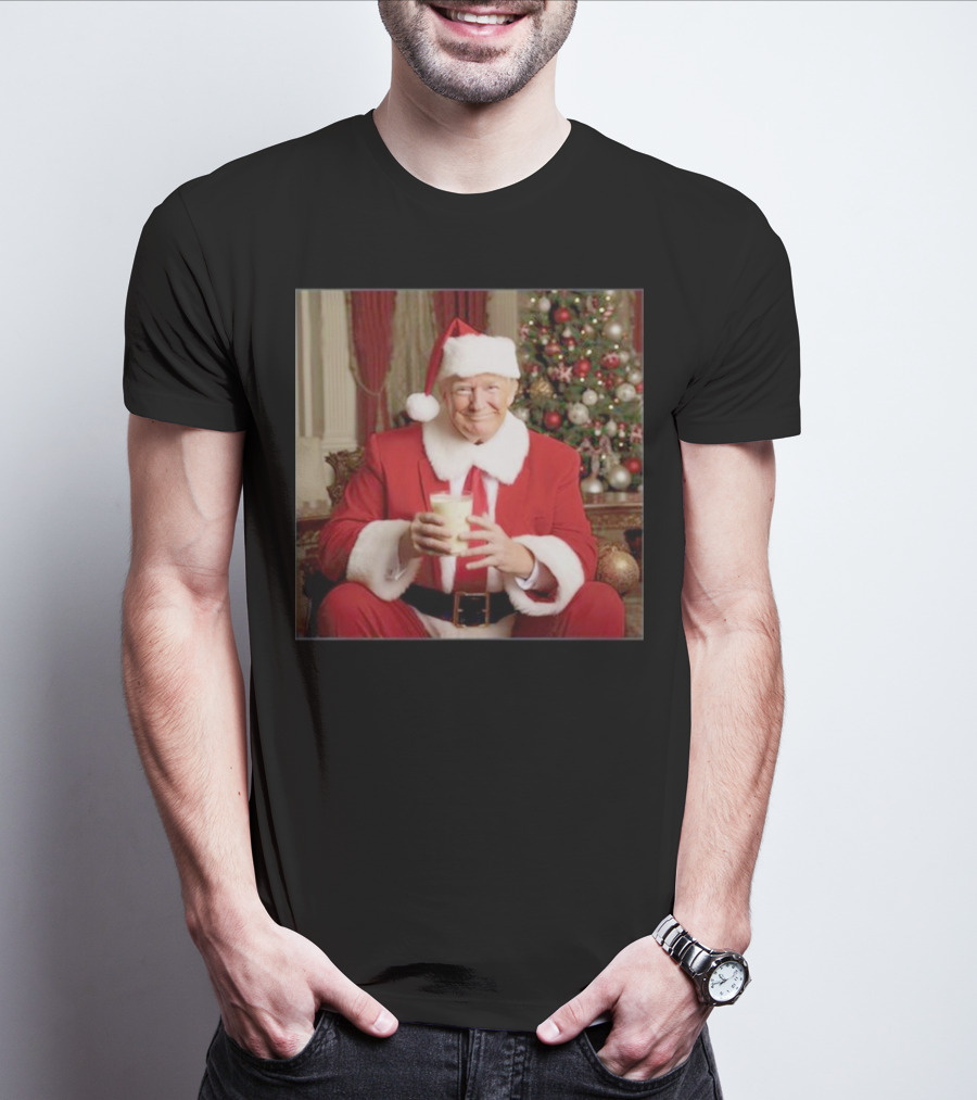 Santa Donald Trump Claus Christmas Drinking Milk By Festive Tree T-Shirt