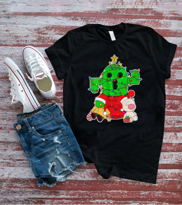 Christmas Moogle Cactuar Wrapped In Lights Star Topped Festive Scene T-Shirt