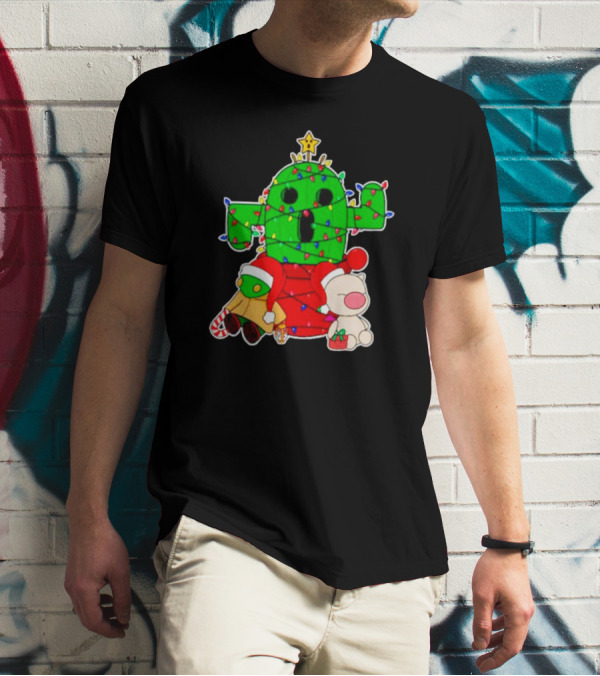 Christmas Moogle Cactuar Wrapped In Lights Star Topped Festive Scene T-Shirt