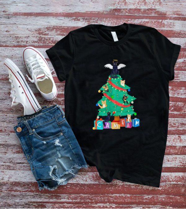 Cam Fam Christmas Tree With Cats And Holiday Blocks T-Shirt