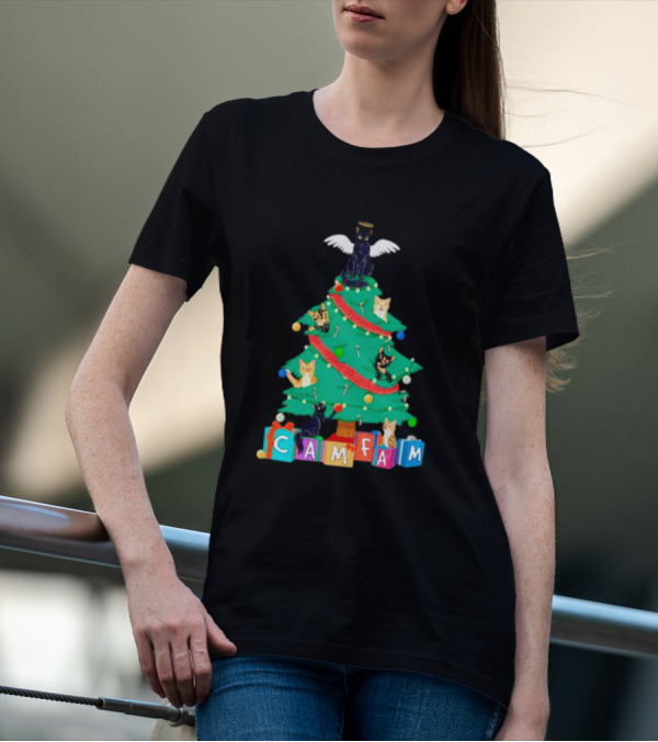 Cam Fam Christmas Tree With Cats And Holiday Blocks T-Shirt