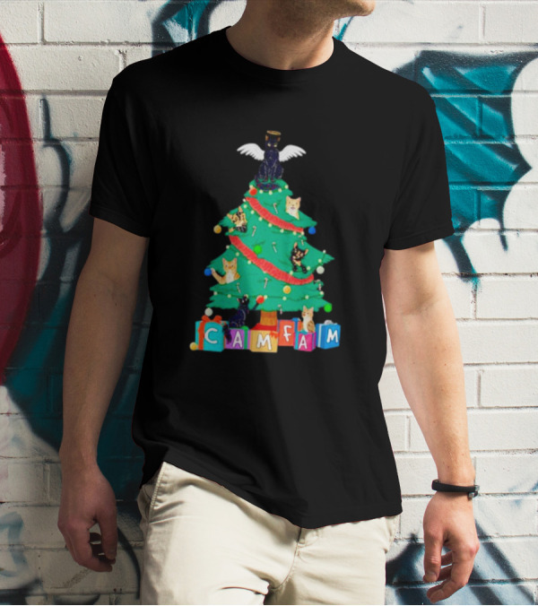 Cam Fam Christmas Tree With Cats And Holiday Blocks T-Shirt