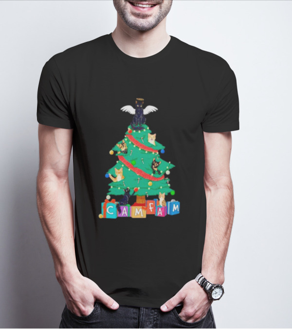 Cam Fam Christmas Tree With Cats And Holiday Blocks T-Shirt