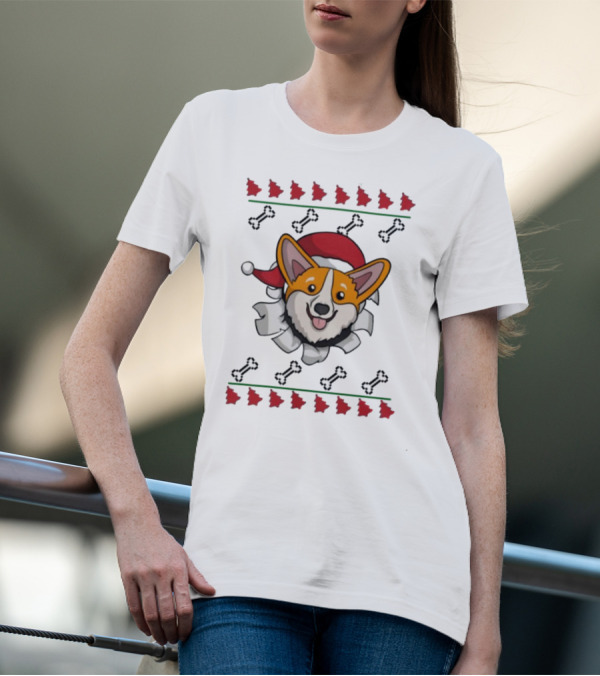Corgi Surprise Christmas Santa Hat Bone T-Shirt