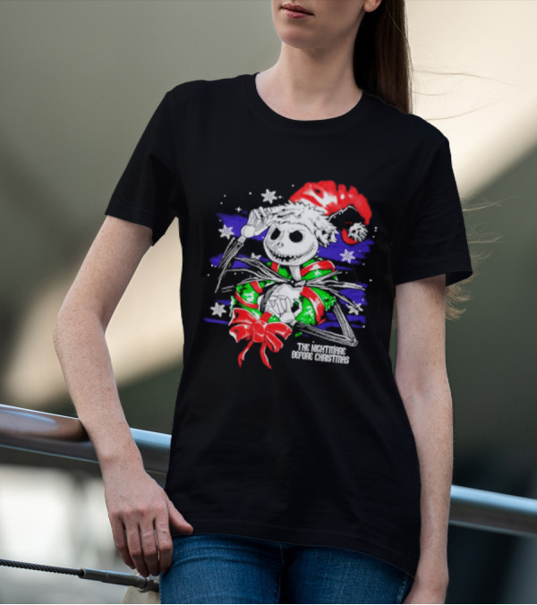 The Nightmare Before Christmas Jack Skellington In Santa Hat And Grinch Green Scarf T-Shirt