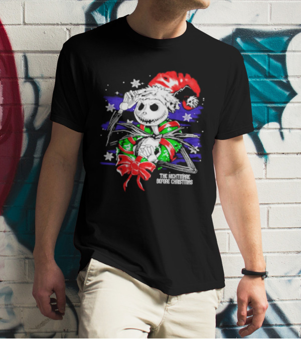 The Nightmare Before Christmas Jack Skellington In Santa Hat And Grinch Green Scarf T-Shirt
