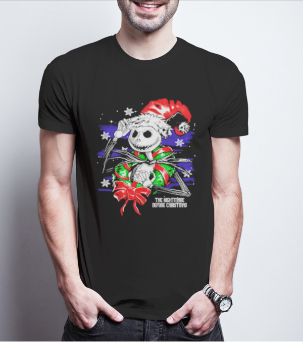 The Nightmare Before Christmas Jack Skellington In Santa Hat And Grinch Green Scarf T-Shirt