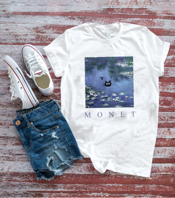 Monet Waterlily Black Cat In Pond With Monet Text T-Shirt