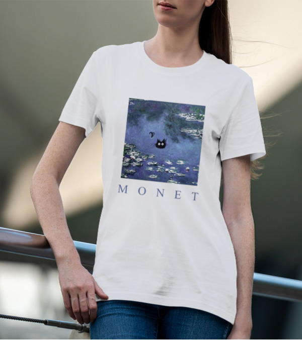 Monet Waterlily Black Cat In Pond With Monet Text T-Shirt