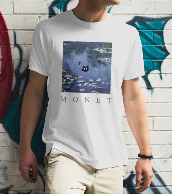 Monet Waterlily Black Cat In Pond With Monet Text T-Shirt