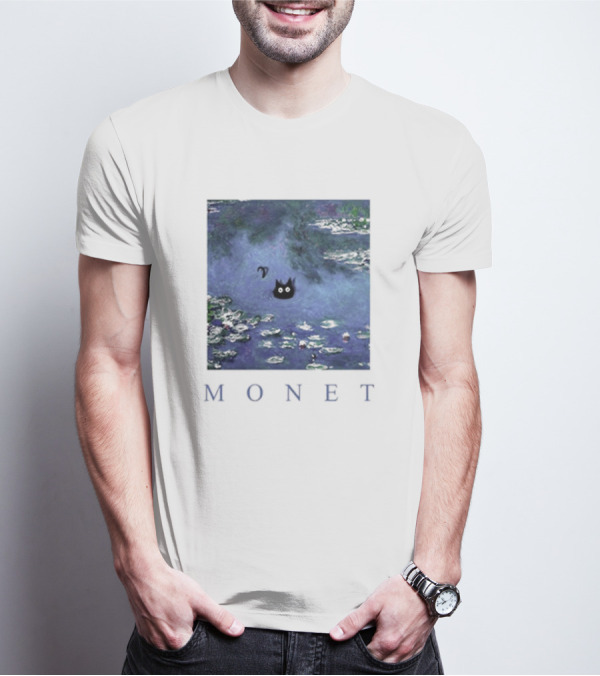 Monet Waterlily Black Cat In Pond With Monet Text T-Shirt