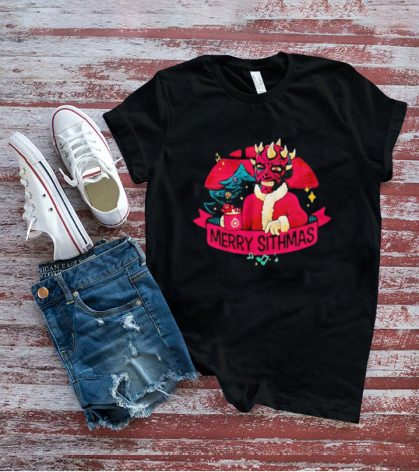 Star Wars Merry Sithmas Featuring Darth Maul In Santa Suit With Christmas Tree And Festive Elements T-Shirt