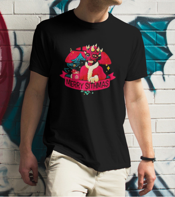 Star Wars Merry Sithmas Featuring Darth Maul In Santa Suit With Christmas Tree And Festive Elements T-Shirt