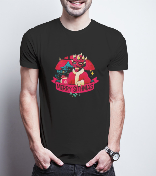 Star Wars Merry Sithmas Featuring Darth Maul In Santa Suit With Christmas Tree And Festive Elements T-Shirt