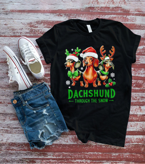 Dachshund Through The Snow Santa Hat Reindeer Antlers Christmas Bow T-Shirt