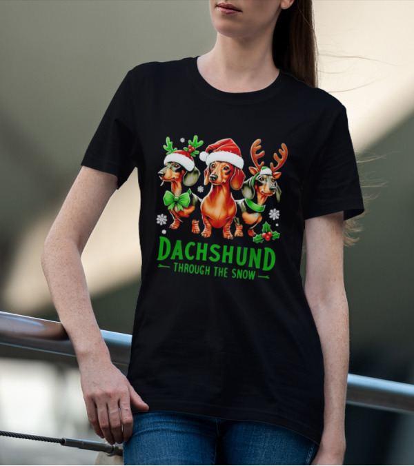 Dachshund Through The Snow Santa Hat Reindeer Antlers Christmas Bow T-Shirt