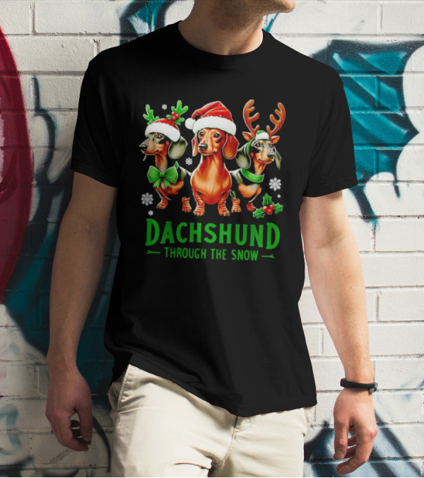Dachshund Through The Snow Santa Hat Reindeer Antlers Christmas Bow T-Shirt